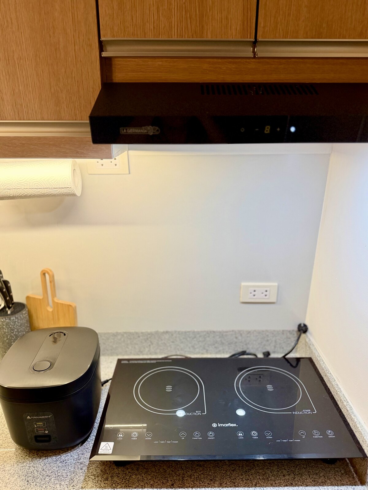 Induction cooktop and rice cooker on a granite counter under a range hood.